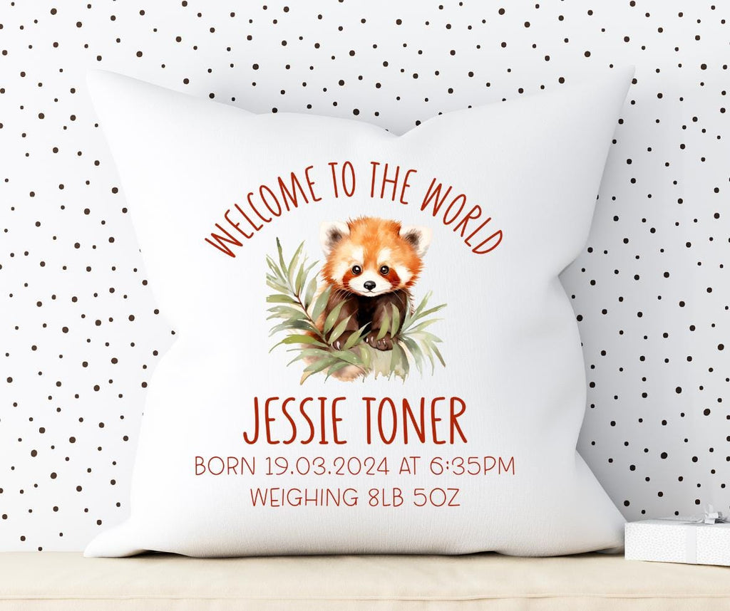Welcome to the world personalised baby cushion with red panda, new baby gift, new parents gift.