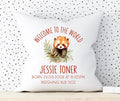 Welcome to the world personalised baby cushion with red panda, new baby gift, new parents gift.