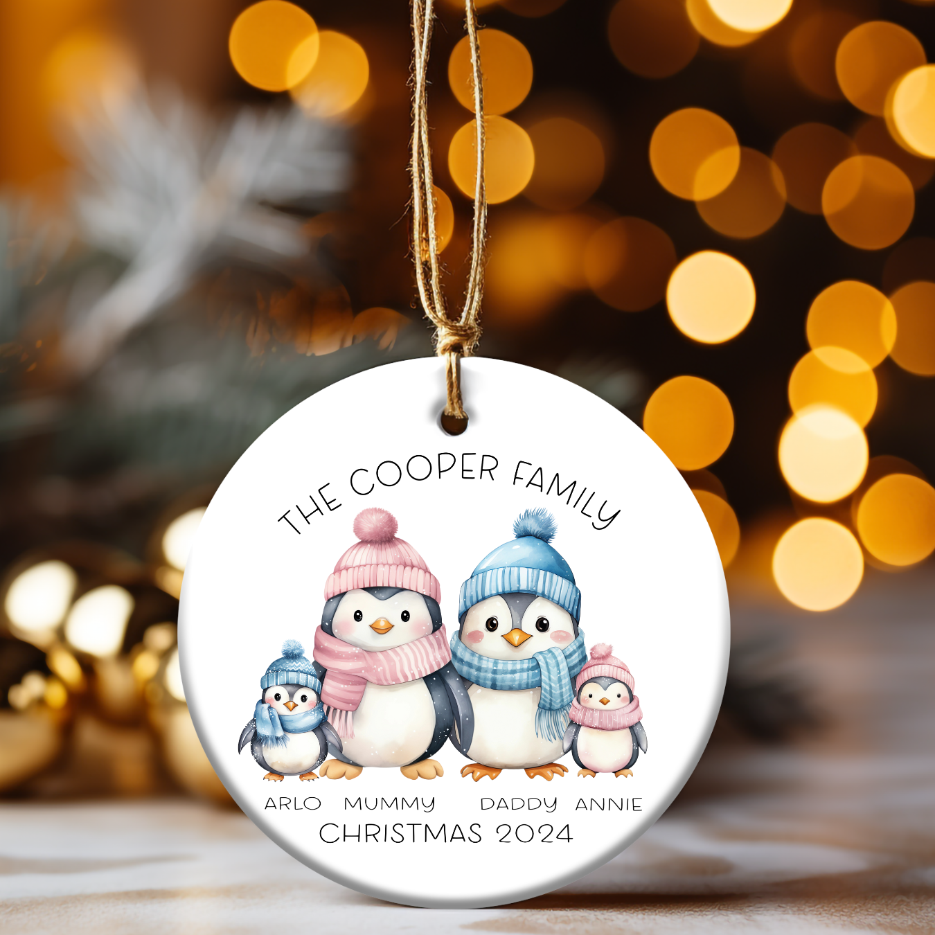 Personalised Penguin family Christmas tree ornament