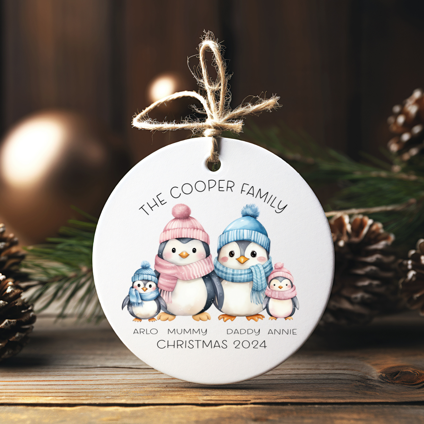 Personalised Penguin family Christmas tree ornament