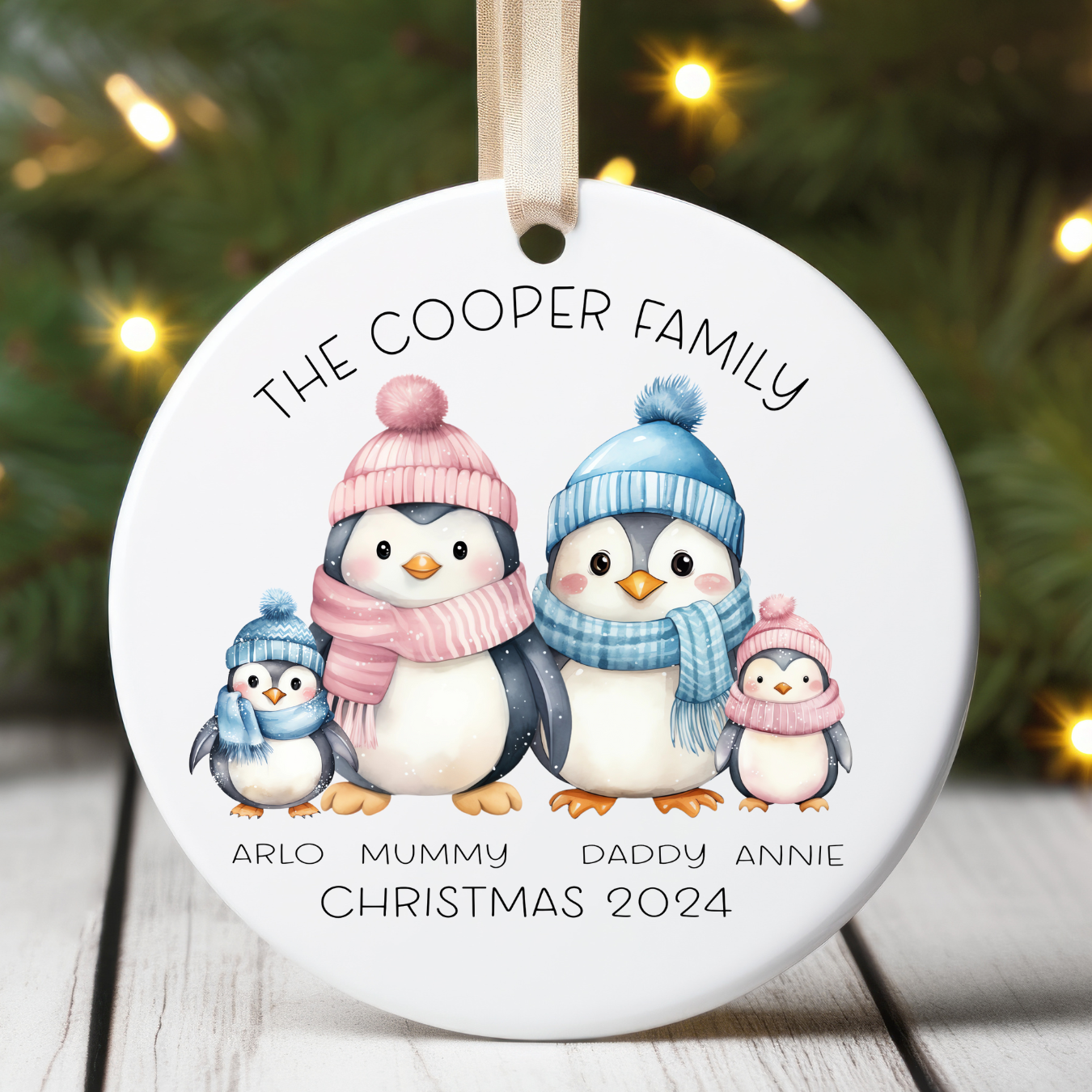 Personalised Penguin family Christmas tree ornament