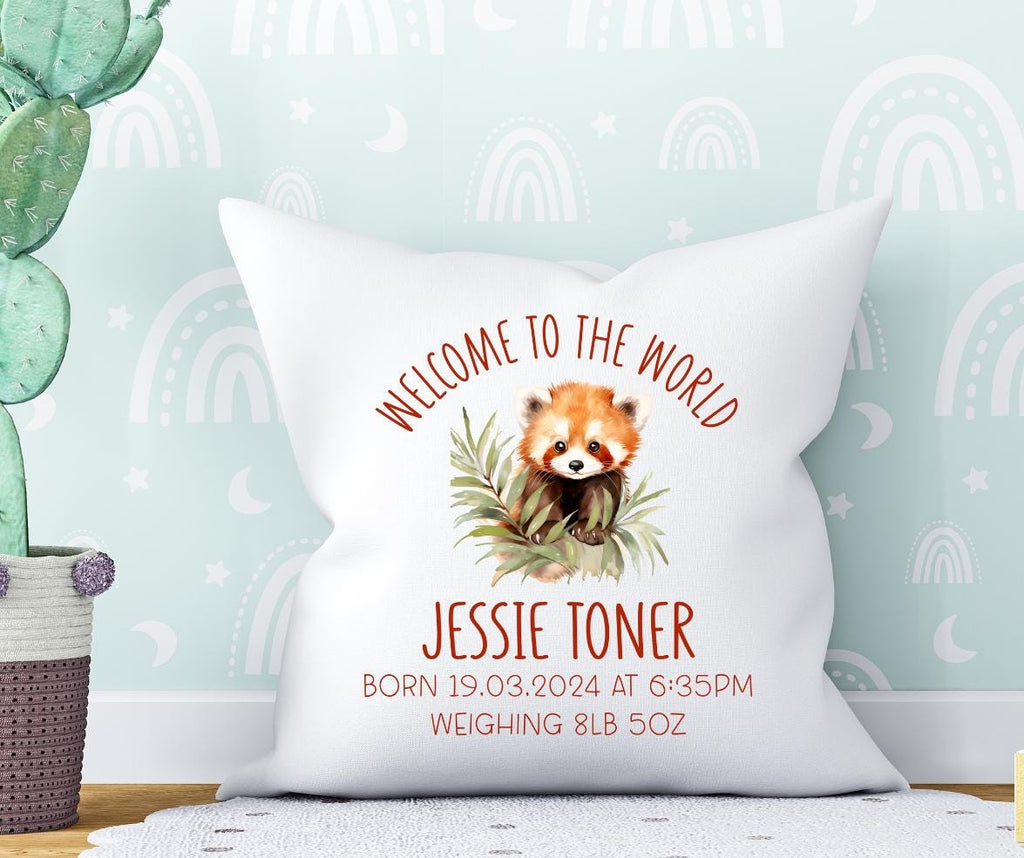 Welcome to the world personalised baby cushion with red panda, new baby gift, new parents gift.