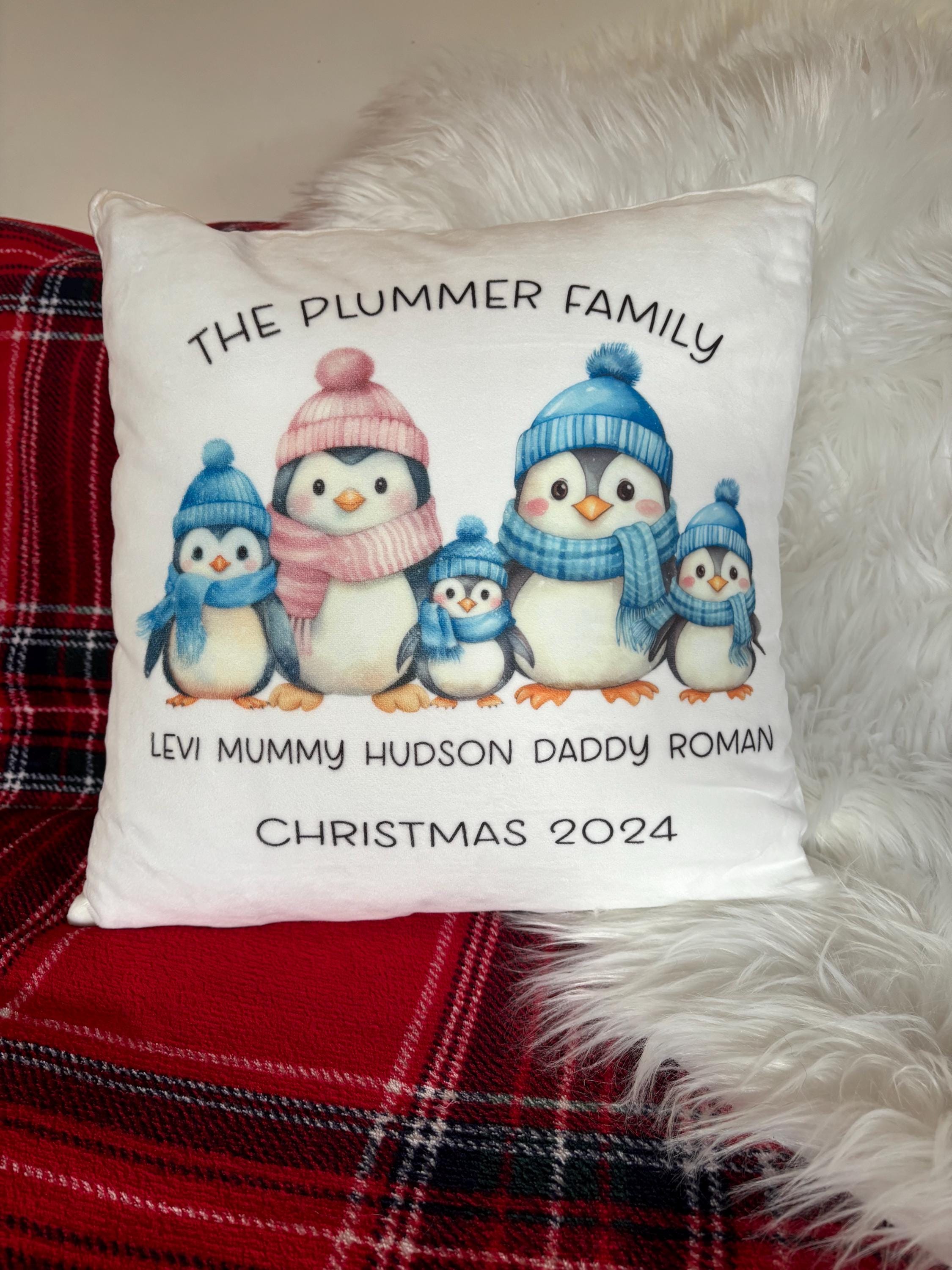 Personalised penguin family Christmas cushion gift