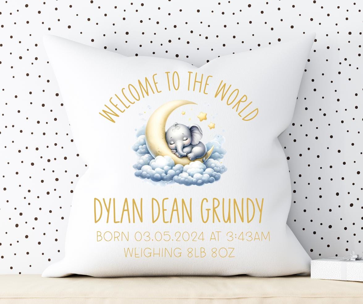 Personalized Baby Cushion: Elephant 'Welcome to the World' Gift