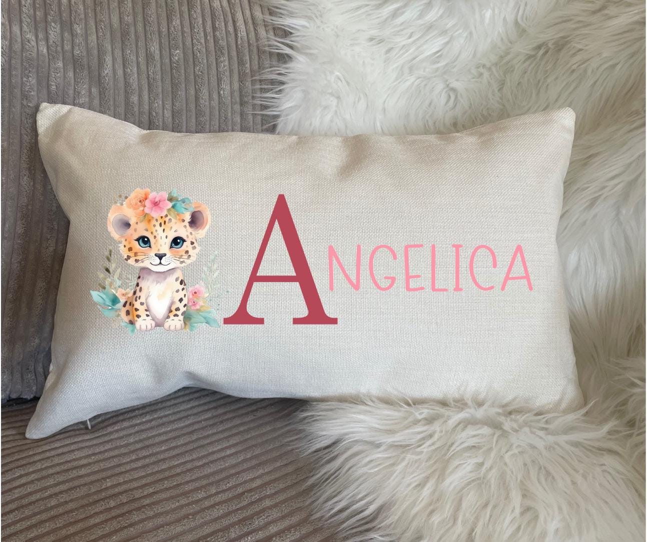 Personalised name cushion with cheetah birthday gift for kids