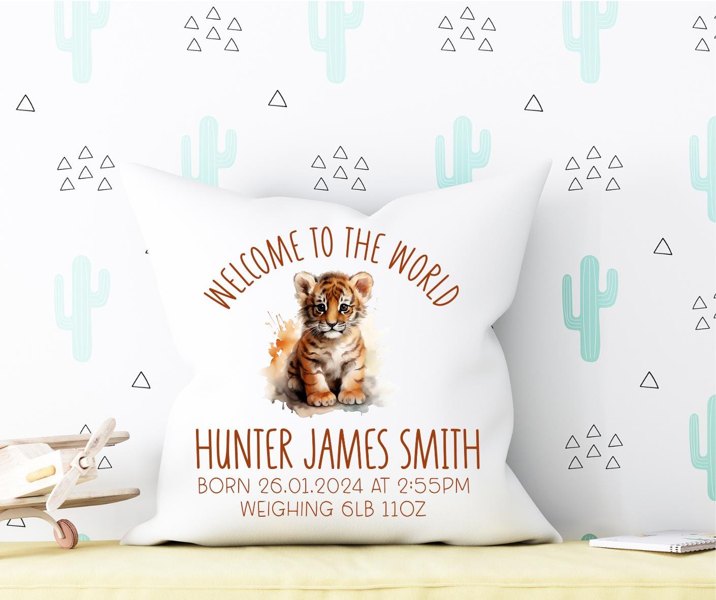 Personalised Baby Cushion: Welcome to the World Tiger Themed Gift