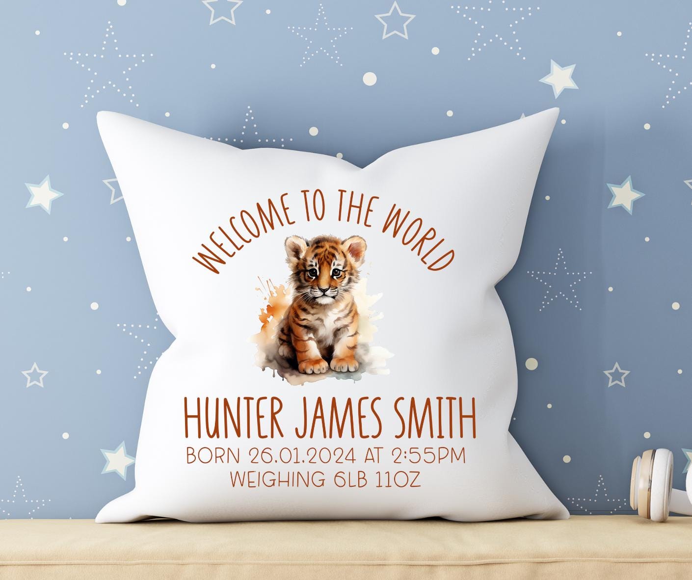 Personalised Baby Cushion: Welcome to the World Tiger Themed Gift