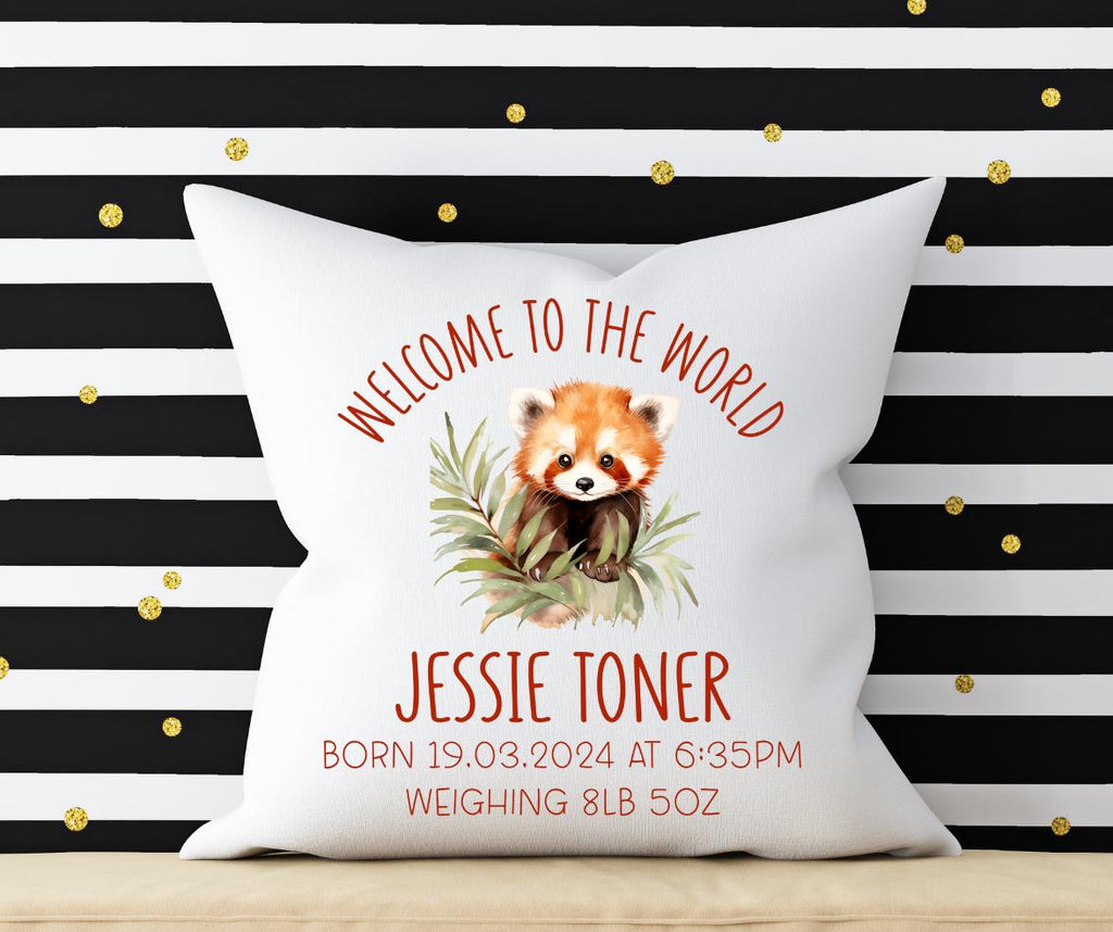 Welcome to the world personalised baby cushion with red panda, new baby gift, new parents gift.