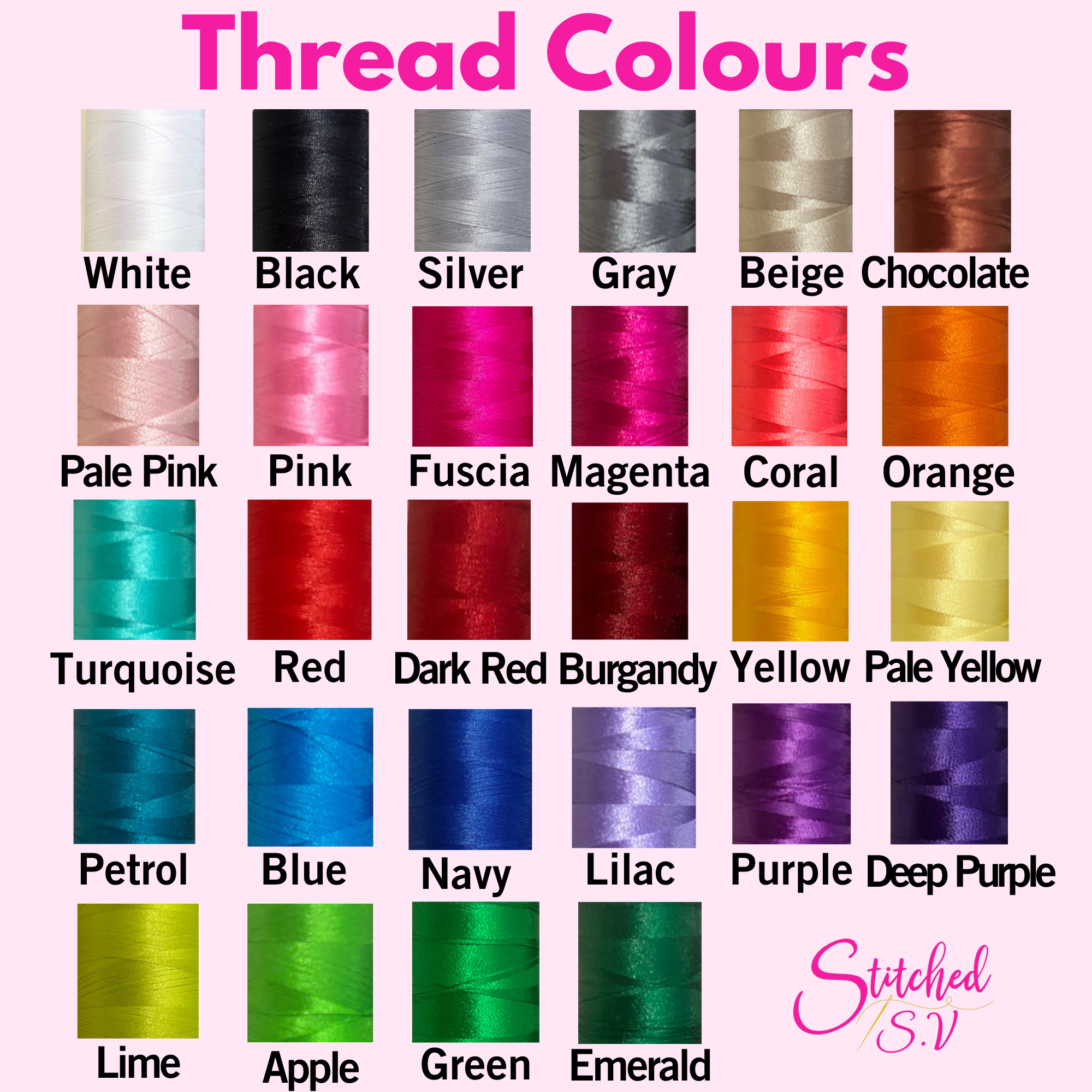 Colour chart of thread colours for personalisation, featuring the brand 'Stitched S.V'.