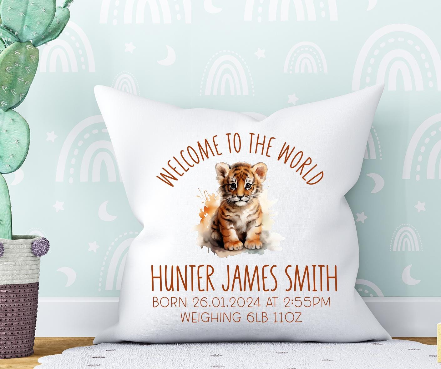 Personalised Baby Cushion: Welcome to the World Tiger Themed Gift