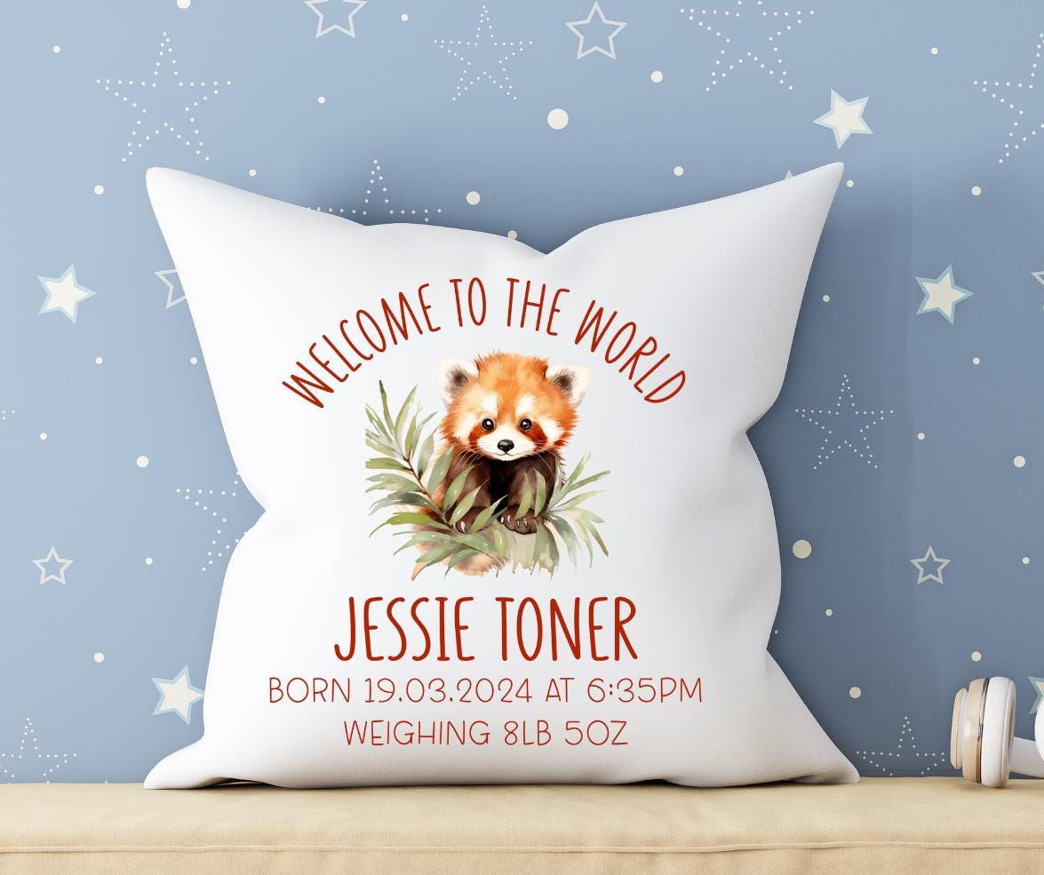 Welcome to the world personalised baby cushion with red panda, new baby gift, new parents gift.