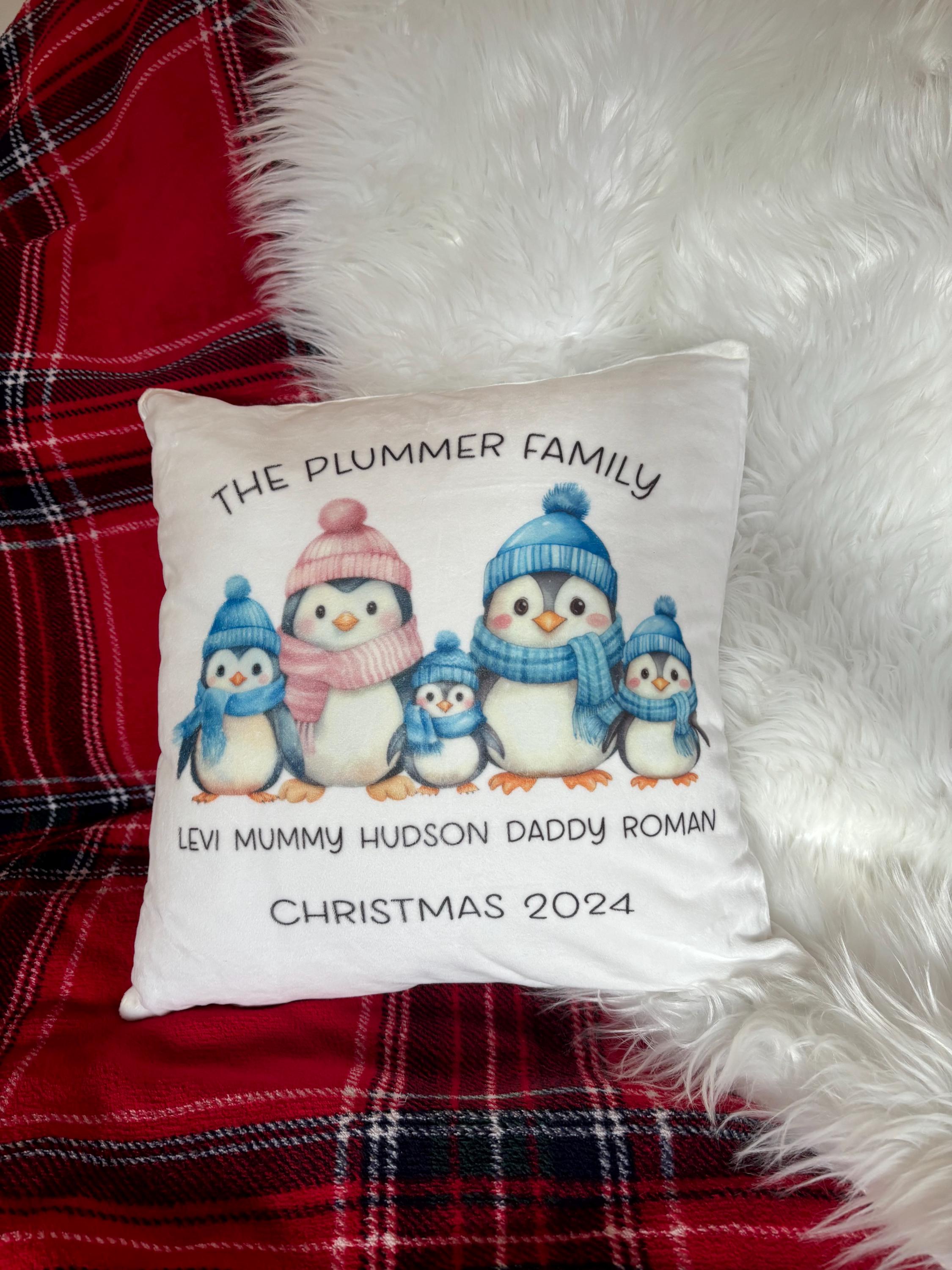 Personalised penguin family Christmas cushion gift