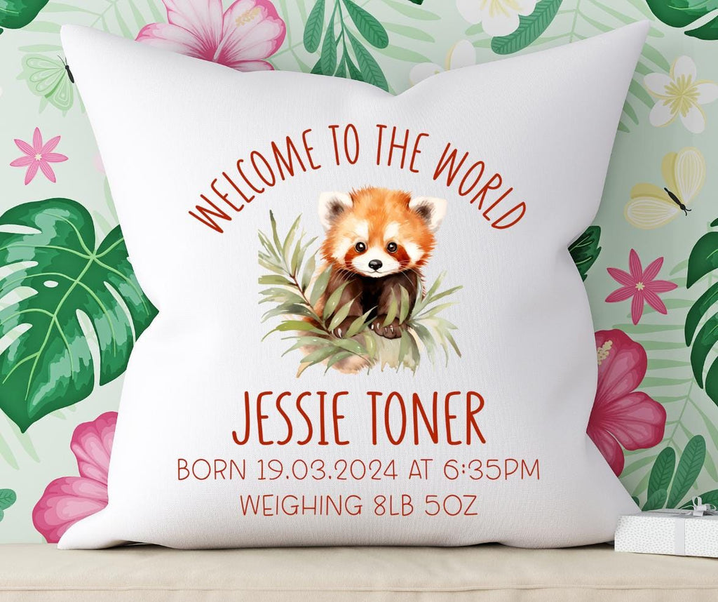 Welcome to the world personalised baby cushion with red panda, new baby gift, new parents gift.