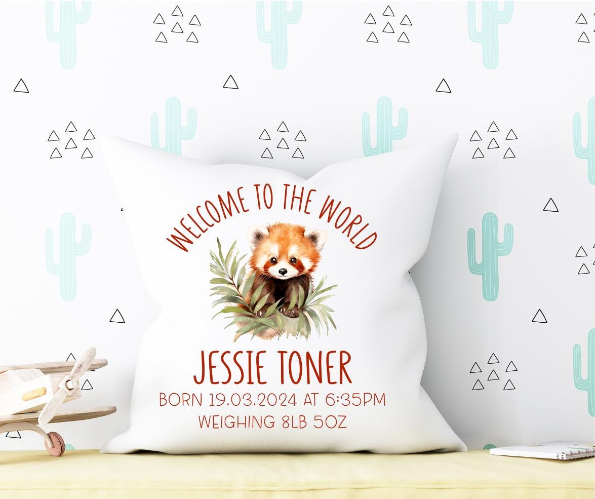 Welcome to the world personalised baby cushion with red panda, new baby gift, new parents gift.