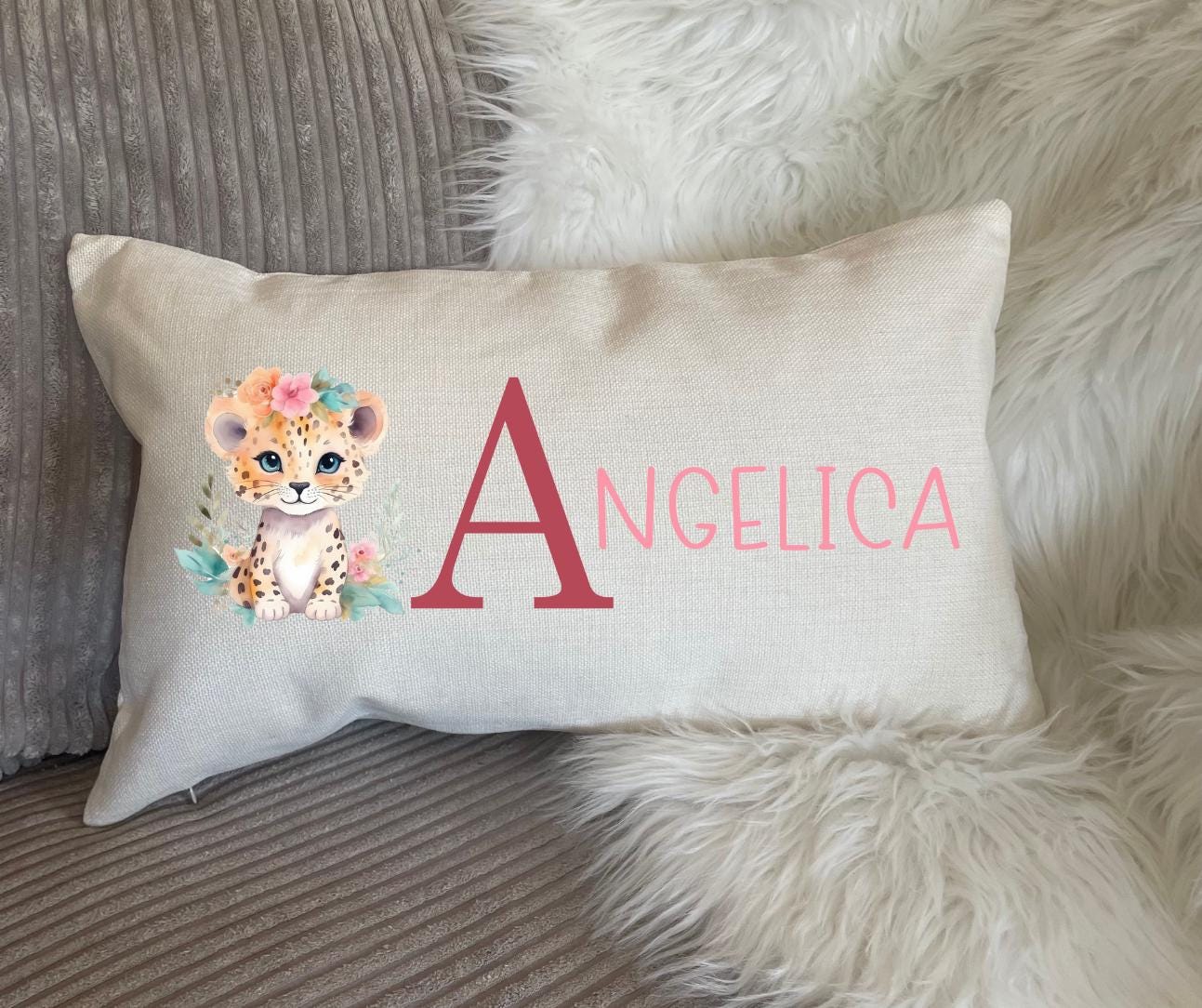 Personalised name cushion with cheetah birthday gift for kids