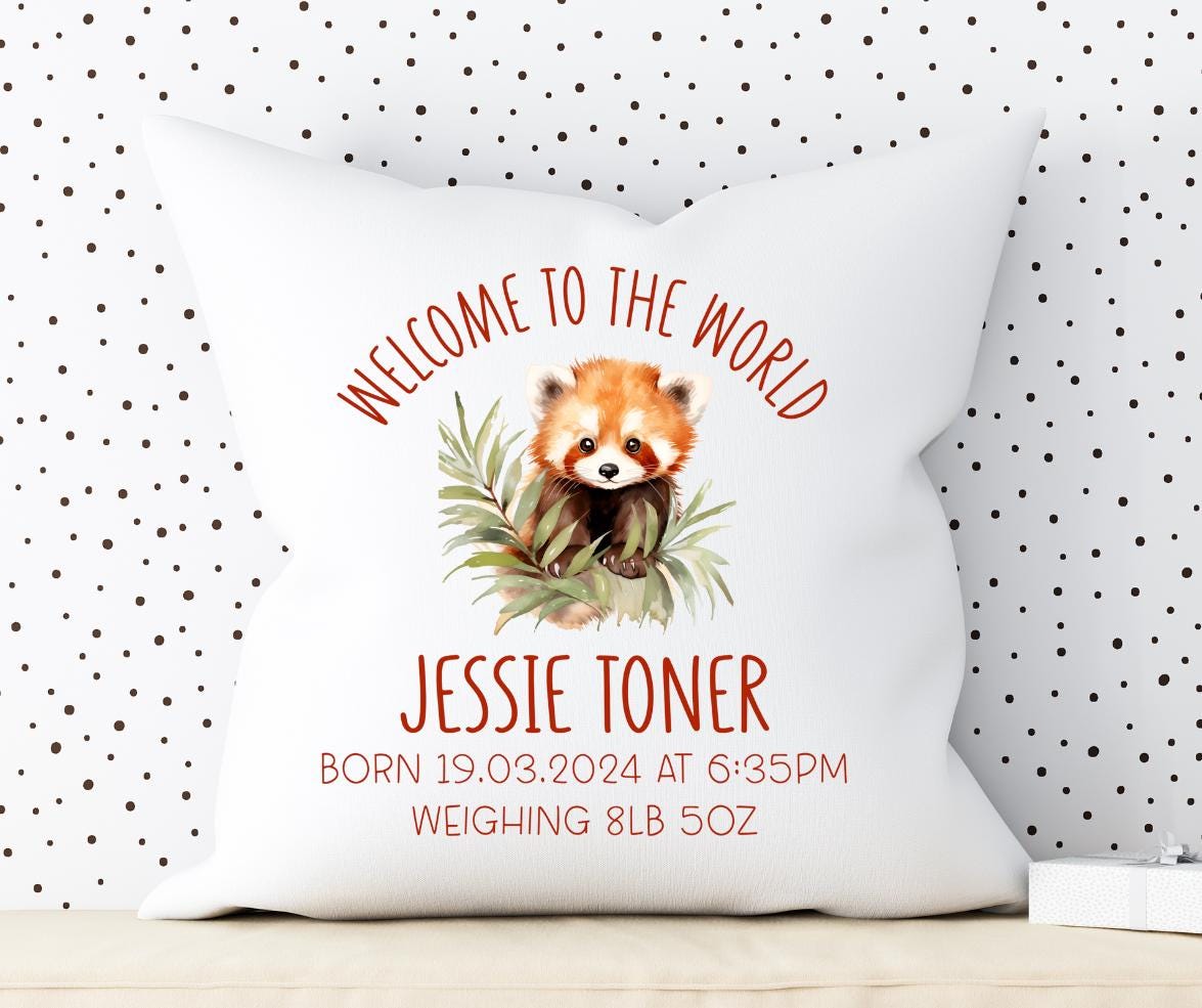 Welcome to the world personalised baby cushion with red panda, new baby gift, new parents gift.