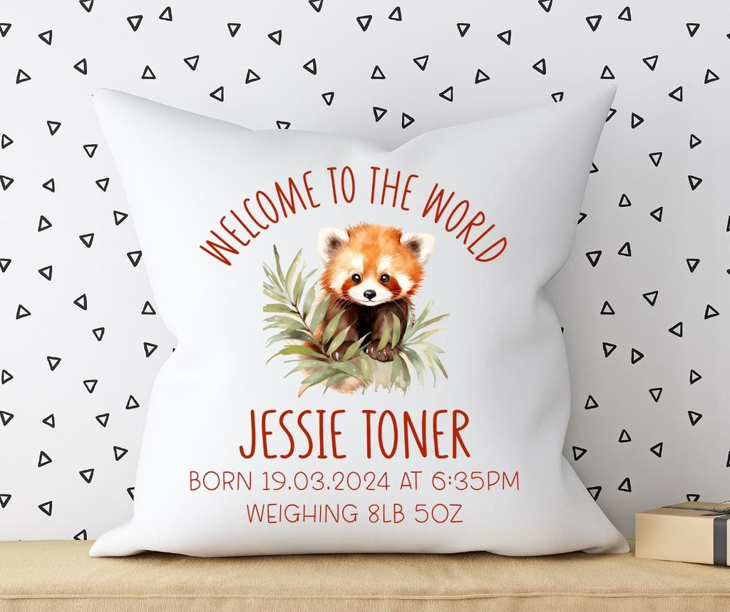 Welcome to the world personalised baby cushion with red panda, new baby gift, new parents gift.