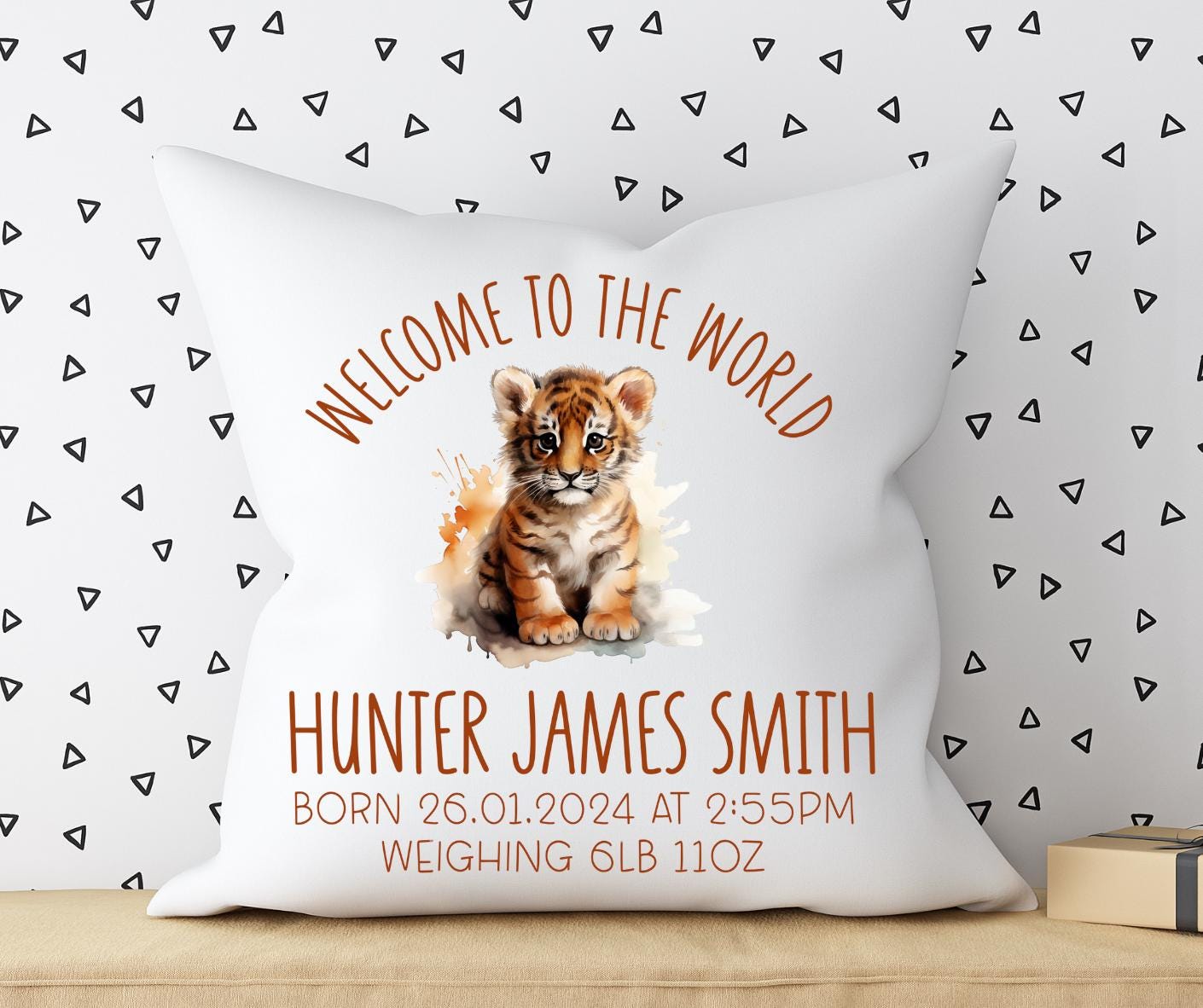 Personalised Baby Cushion: Welcome to the World Tiger Themed Gift