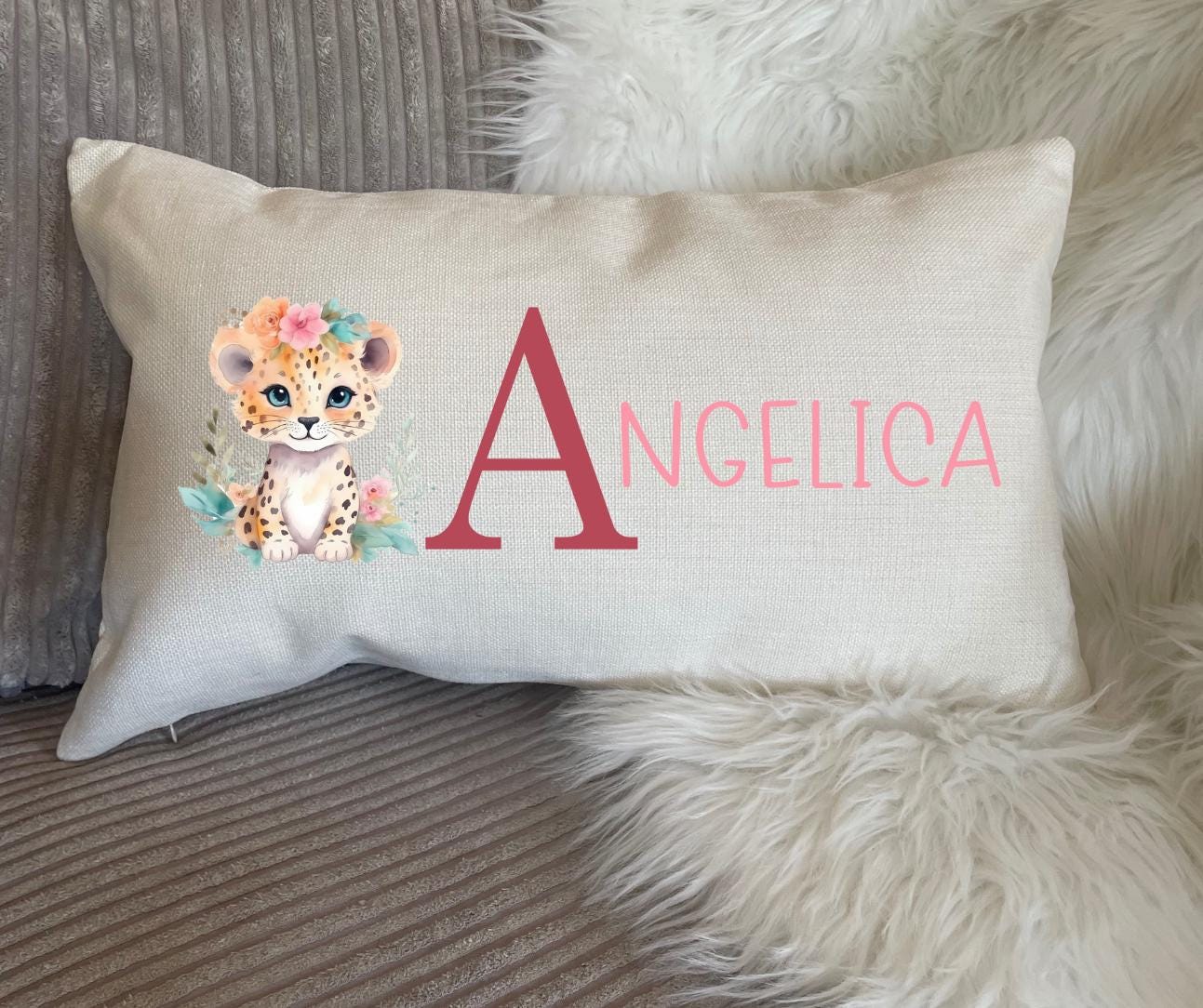 Personalised name cushion with cheetah birthday gift for kids